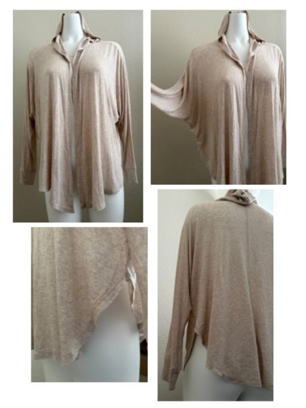 HIP Women Size S Rayon Open Front Batwing Top with Hoodie, Pinkish Cream